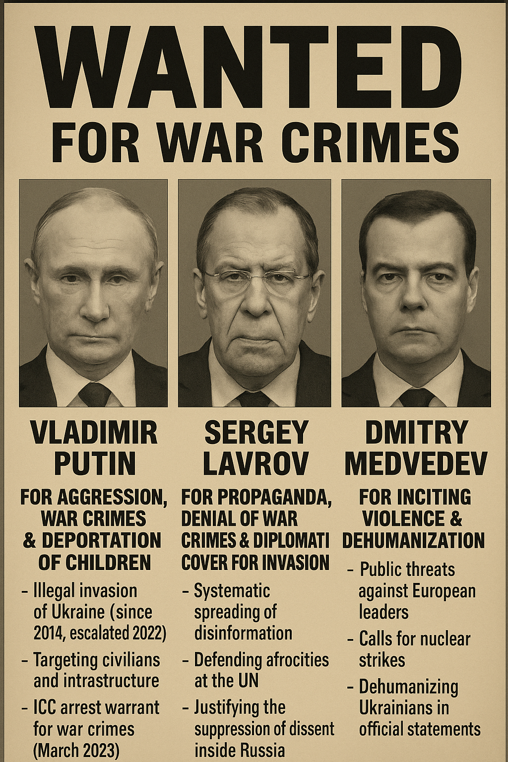 战争罪犯通缉令 - 普京、拉夫罗夫、梅德韦杰夫